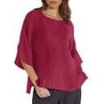thumbnail image 1 of Top holgado de manga 3/4 con estampado floral para mujer, cuello redondo, blusa ligera de lino, túnica informal para el día a día y festivales, 1 of 5
