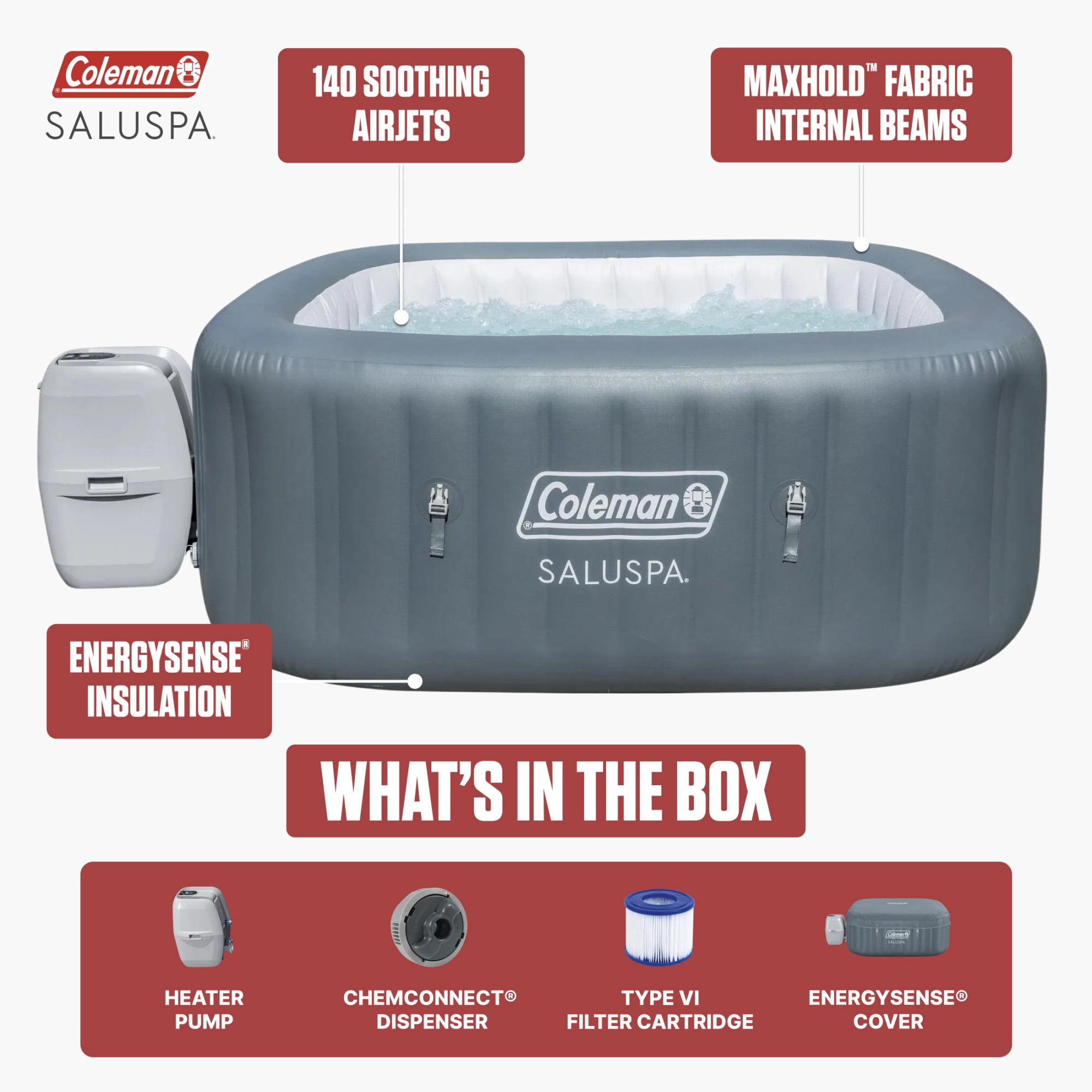 Coleman Hawaii 4-6 Person AirJet Inflatable Hot Tub with EnergySense Cover, Grey, 71"x28"