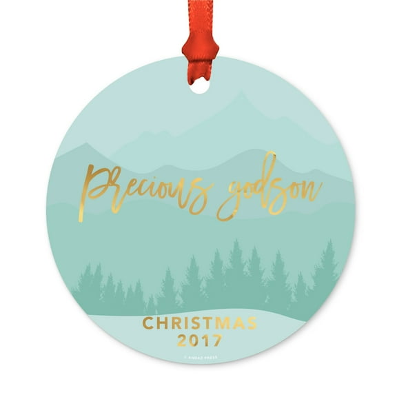 Metal Christmas Ornament, Precious Godson Christmas 2017, Winter Wonderland Forest, Includes Ribbon and Gift Bag