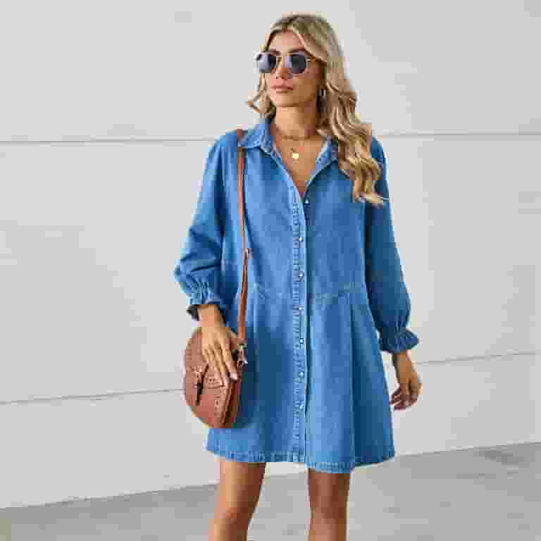 Casual Street Solid Patchwork Turndown Collar Nine Points Sleeve Loose Denim Dresses Casual Street Solid Patchwork Turndown Collar Nine Points Sleeve Loose Denim Dresses