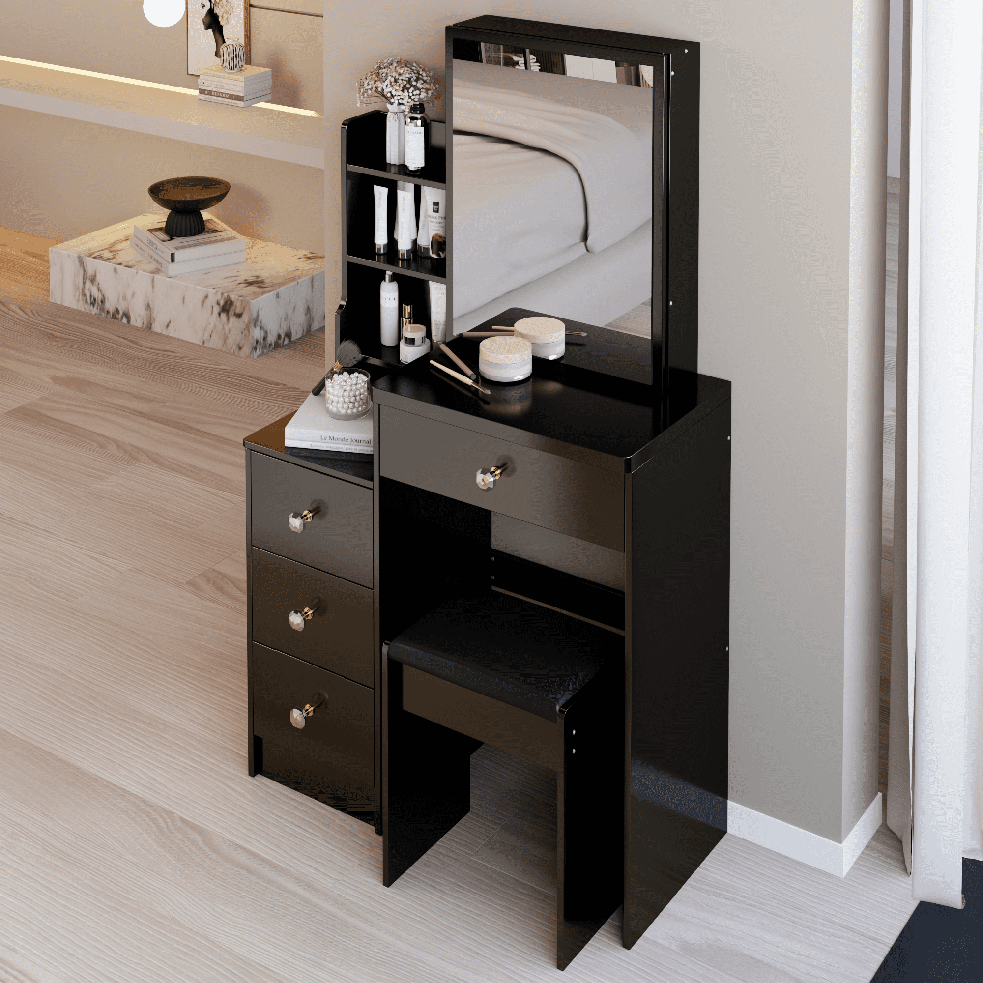 29.2" Small Space Left Bedside Cabinet Vanity Table + Cushioned Stool, Extra Large Right sliding mirror, Multi Layer High Capacity Storage, Practical Fashionable Dresser, Suitable For Small Space