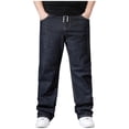 thumbnail image 2 of Men'S Jeans Regular Fit Denim Pants Wide Straight Leg Plus Size Baggy Jeans Elastic Waist Drawsting Casual Trousers, 2 of 8