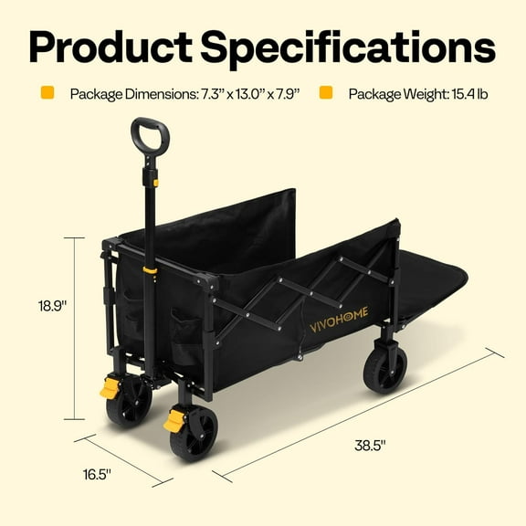 130L Collapsible Wagon with Tailgate - Black, 320lb Load-Bearing Outdoor Utility with All-Terrain Wheels, Adjustable Handle, Cup Holders for Camping, Shopping, Garden, Sports, Picnic
