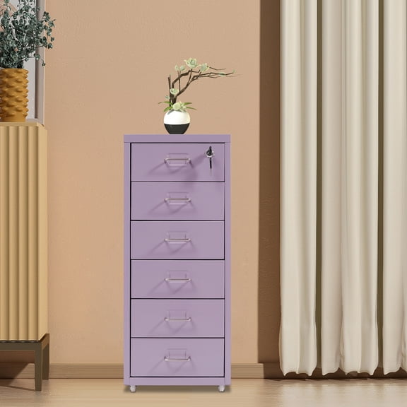6-Drawer Vertical File Cabinet with Lock Purple Rolling Filing Cabinet with 4 Wheels Mobile Storage Cabinet for Home