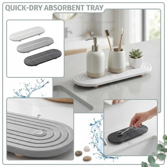 Kitchen Sink Organizer, Toothbrush Holder Tray Cup Mat, Water Absorbing Sink Pad for Bathroom Counter Washbasin, Quick Dry Stone Organizer Tray,Dark Gray, 1Pcs