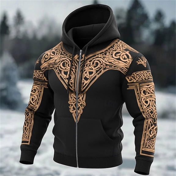 YaEYa Viking Zip Hoodie Men Graphic Mythology Patten Casual Taille Plus Y2k Clothes Khaki XL