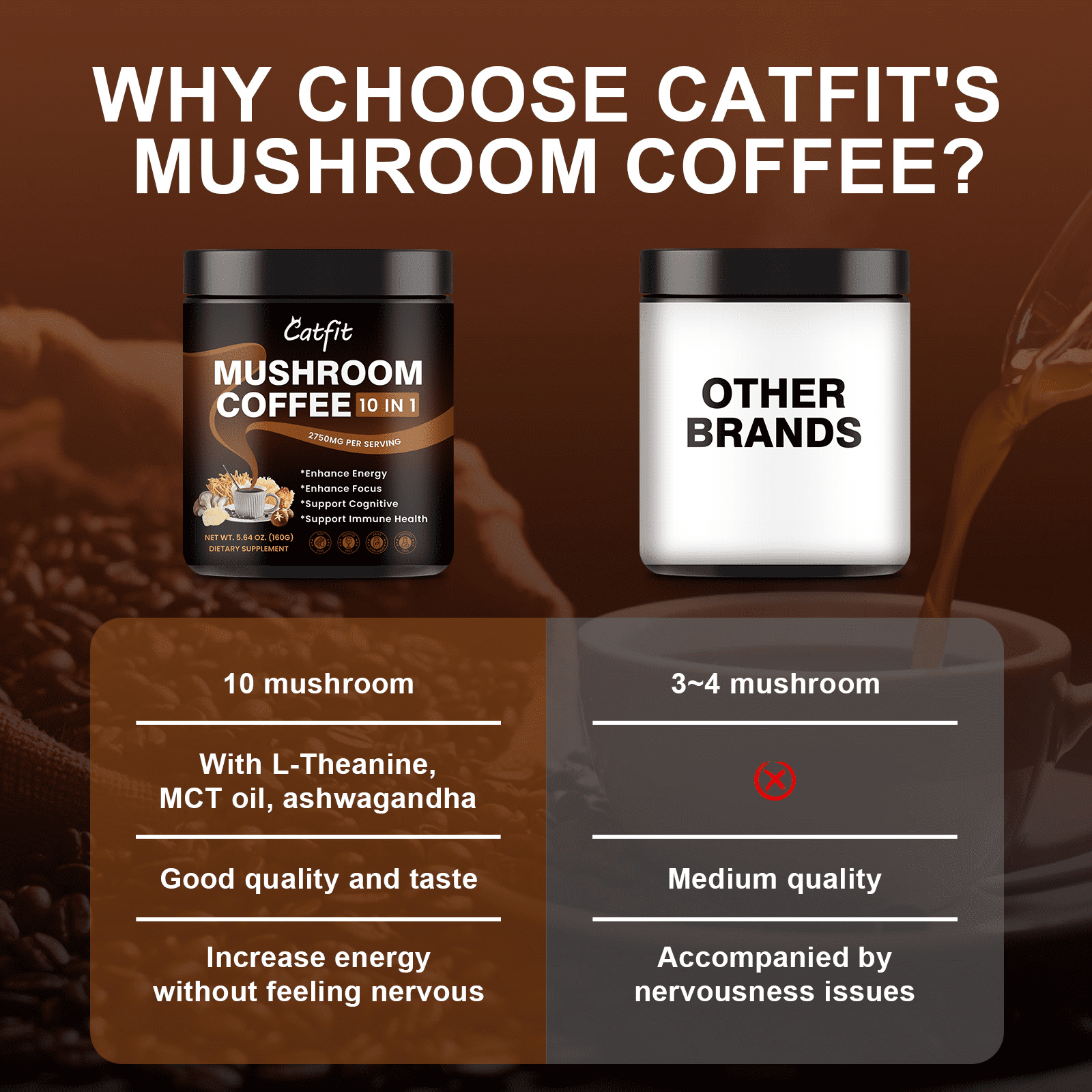 (2 Pack) Mushroom Coffee Powder 2750 mg, 10-in-1 Mushroom Complex Supplement 160g (5.64 oz), By Catfit