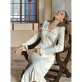 thumbnail image 3 of Womens Elegant Trendy Long Sleeve V Neck Maxi Dresses Flowy Pleated Formal Dresses with Belt White S, 3 of 8