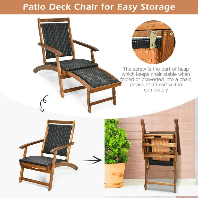 Gymax Set of 2 Folding Patio Acacia Wood Deck Chair Rattan Chaise