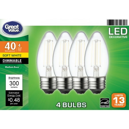Great Value LED Light Bulb, 4 Watts (40W Equivalent) B10 Deco Lamp E26 Medium Base, Dimmable, Soft White, 4-Pack