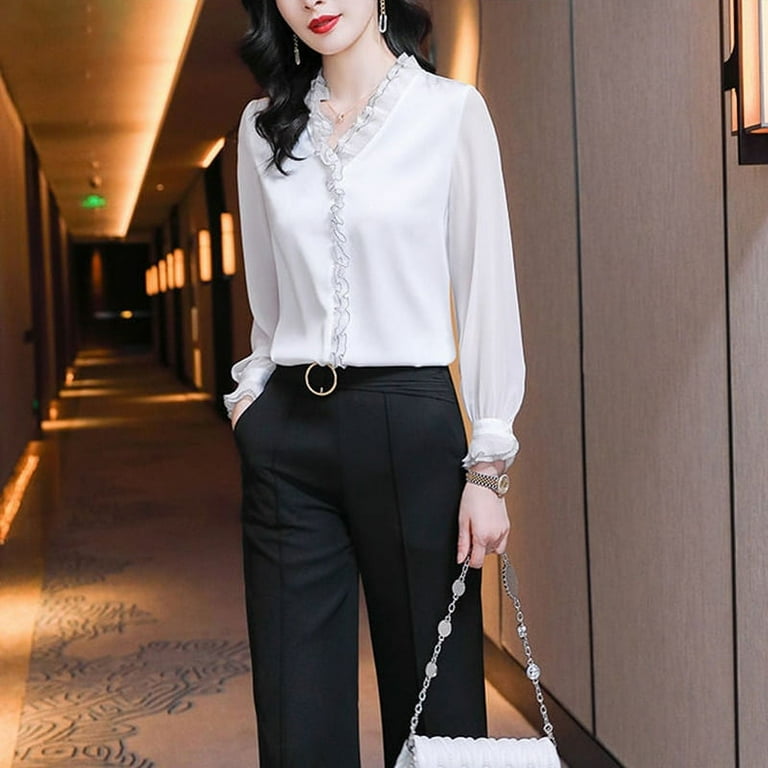 PIKADINGNIS Black White Lace Ruffles Chiffon Shirts Women