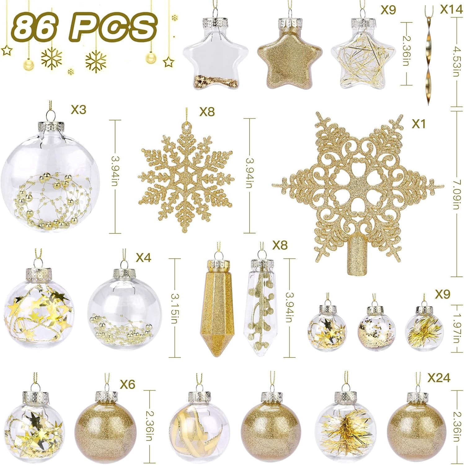 86PCS Christmas Tree Ornaments Clear Set, Shatterproof and Clear Plastic Baubles for Xmas Tree Decor, Holiday Wedding Party Decoration, Champagne