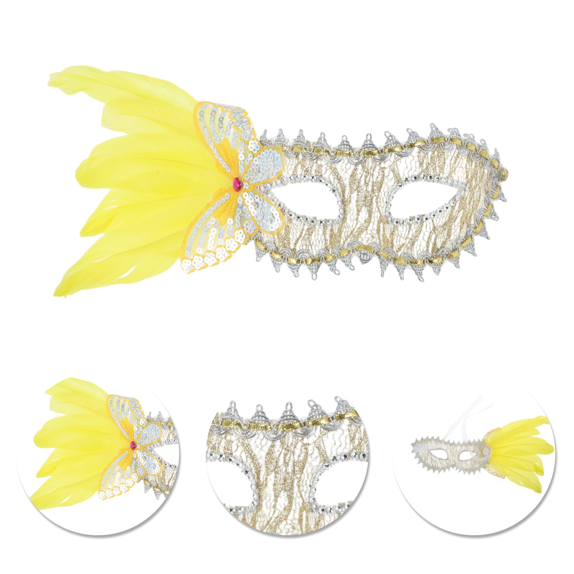 Unique Bargains Elegant Side Feather Masquerade Half Face Party Mask Yellow