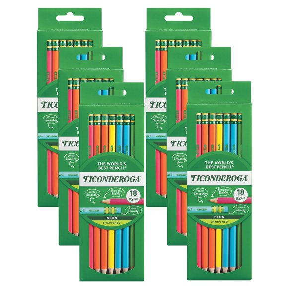 Lápices Ticonderoga Neon #2 preafilados con gomas de borrar, 18 x 6