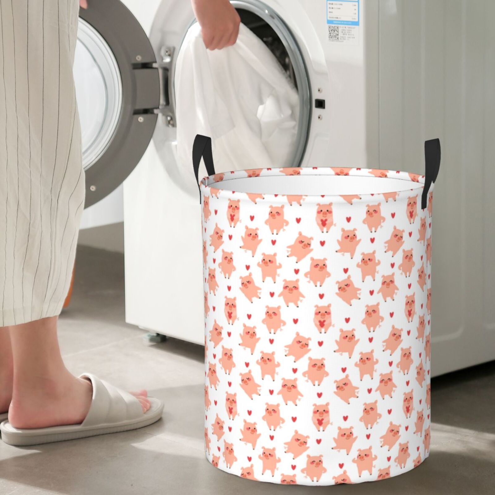 Large Laundry Basket with Handles - Funny Cute Pigs and Hearts Kids Baby Dirty Clothes Laundry Hamper for Bedroom Aesthetic