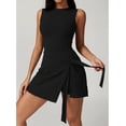 thumbnail image 3 of Womens Solid Knot Wrap Sports Tank Romper, Women's Sleeveless Workout Athletic Rompers, Ruched Tie Waist Tank Dress Apricot, 3 of 7