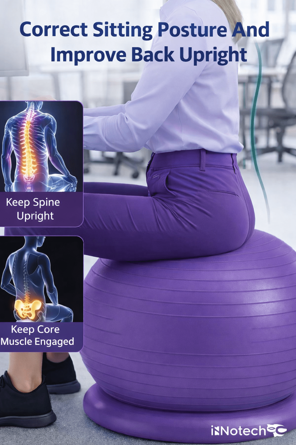 Innotech SC 65cm Yoga Ball with Base & Resistance Bands – Anti-Burst Matte Stability Ball – 750 lb Capacity – Includes Pump & Straps – 1 Pack – Purple