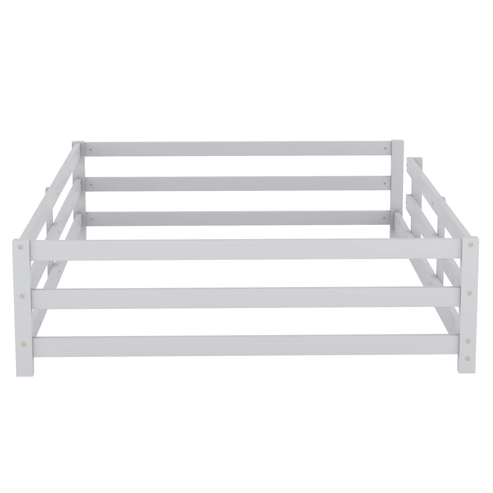 Floor Bed, Full Size Montessori Bed Frame, Wood Floor Bed with Fence and Guardrails, No Box Spring Needed, Grey Wood Finish