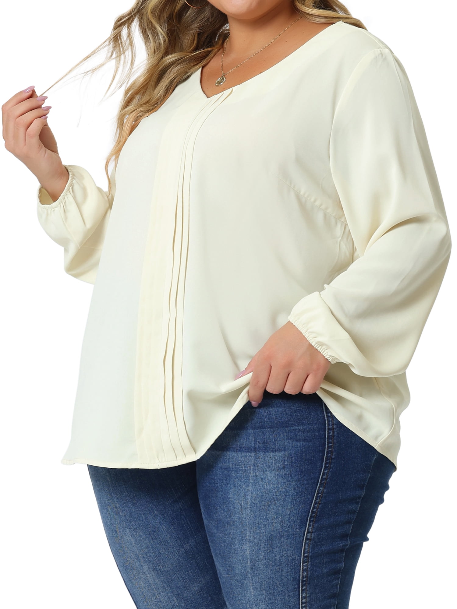 Unique Bargains Women's Plus Size Long Sleeve V Neck Chiffon Pleated Front Tops 4X Apricot