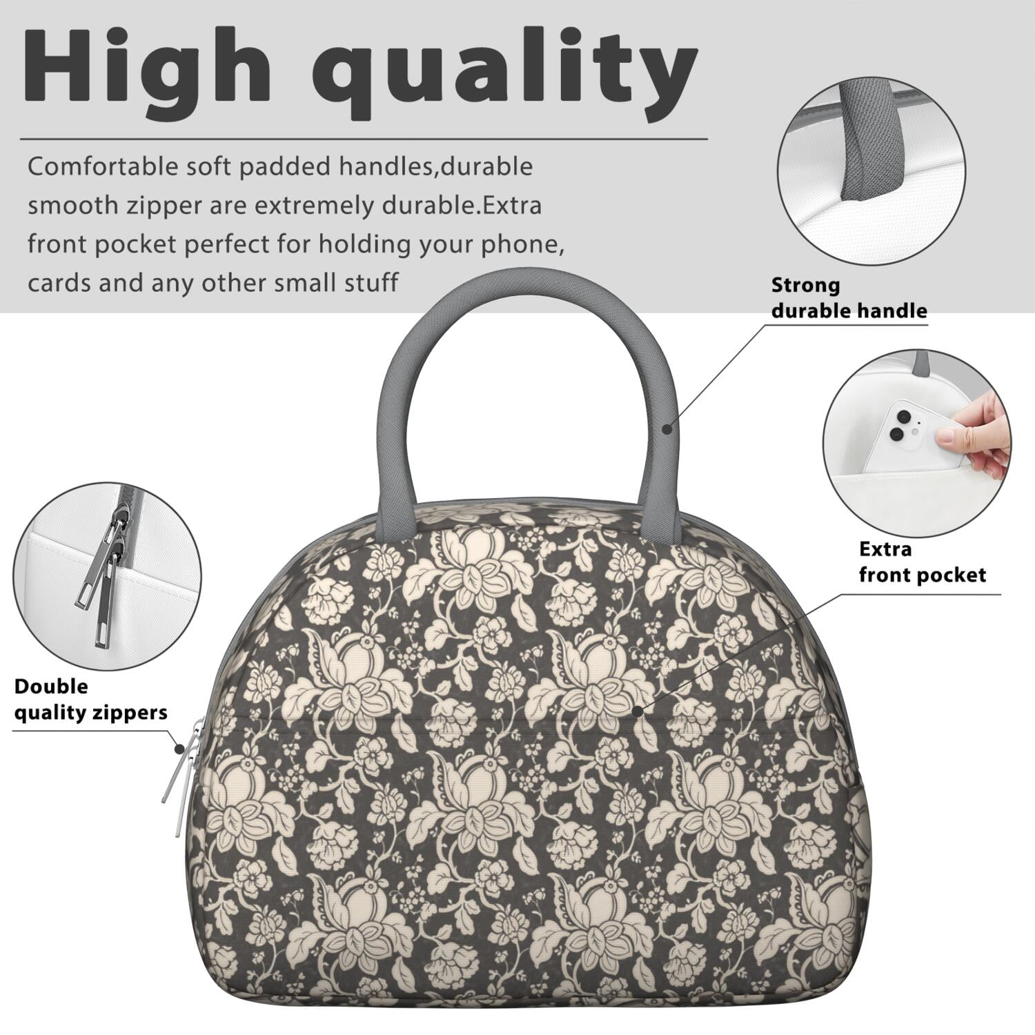 Rustic Floral Lunch Bag – Vintage Bloom Pattern Tote for Women with Insulated and Leakproof Lining, Ideal for Outdoor Meals