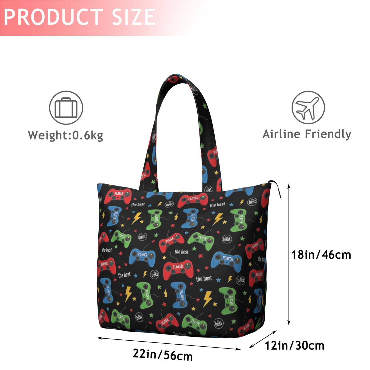 Colorful Controllers Games Black Pattern Travel Tote Bags for Women Carry On,Large Weekender Bags for Women Travel,Multi Functional Duffle Bag for Work,Shopping,Sports