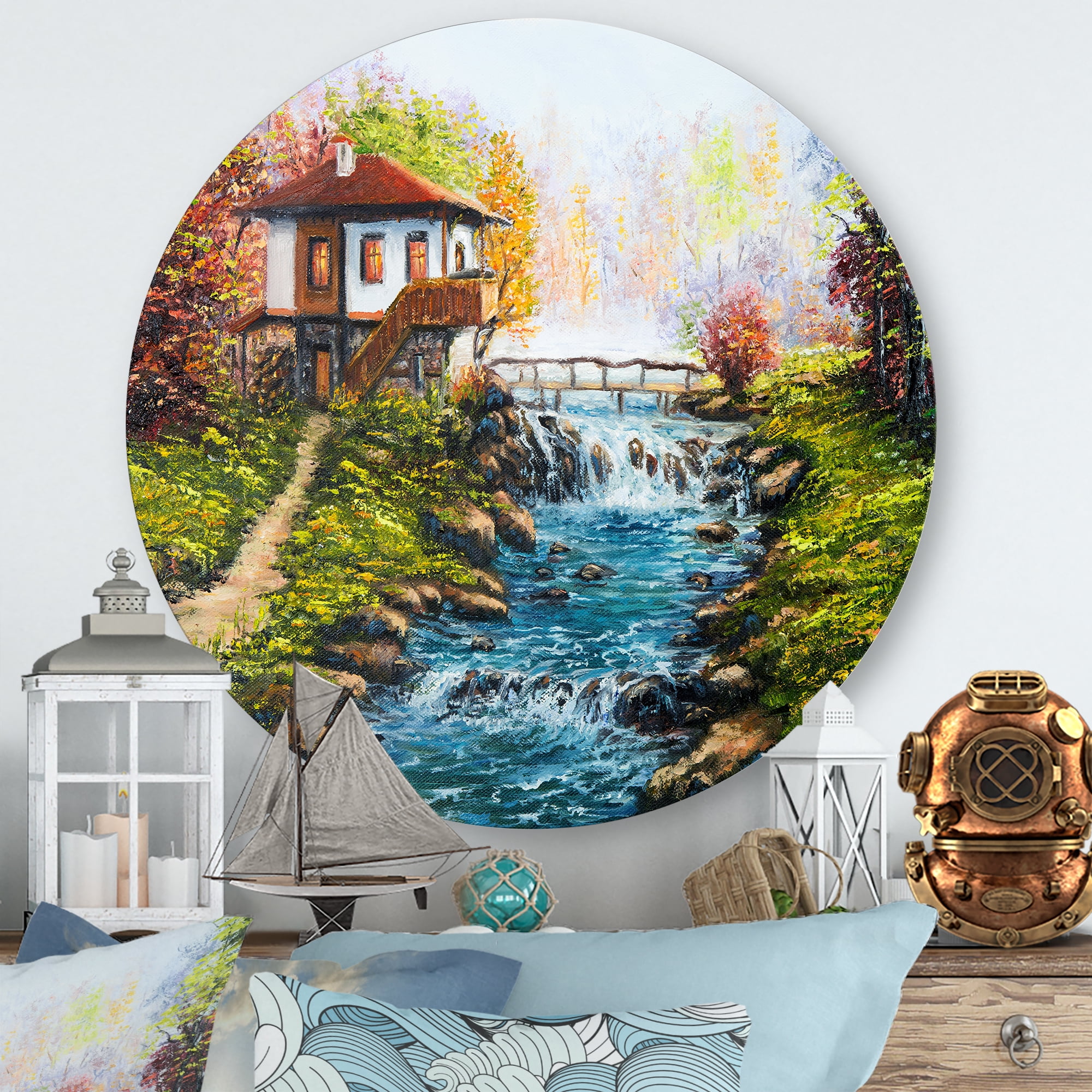Designart 'Traditional Bulgarian River and House' Lake House Circle Metal Wall Art 23x23 - Disc of 23