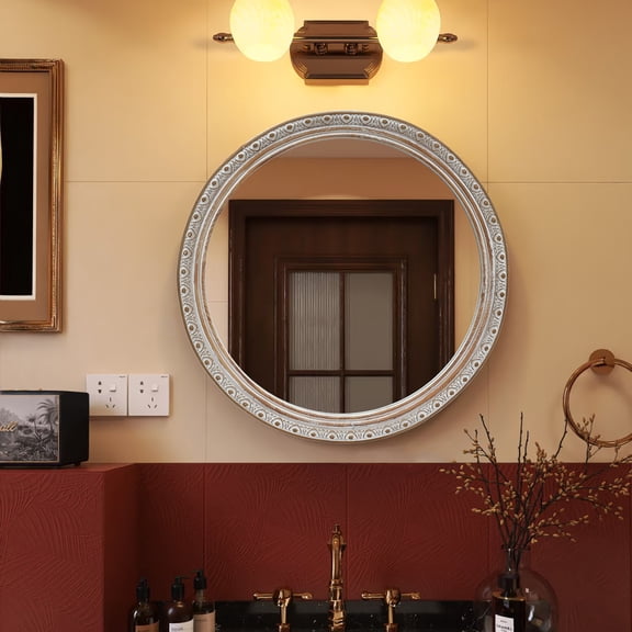LiviNest Ornate Wall Mirror for Bathroom: 23.62" Round Mirror - Distressed Silver-Gold Carved Frame - Decorative Hanging Mirror for Bedroom Entryway & Living Room