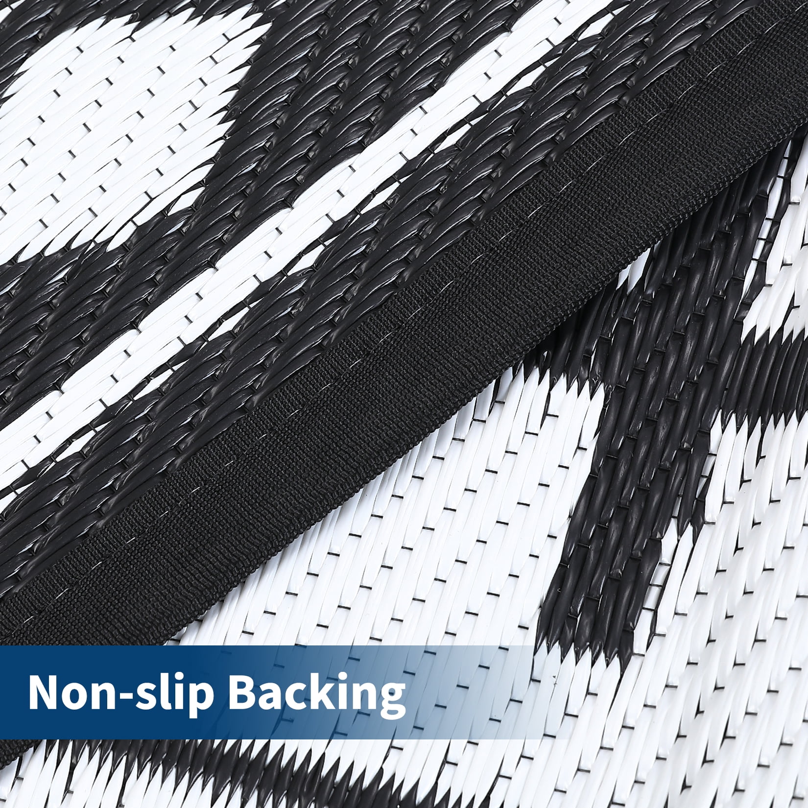 Large 9x18 Outdoor Area Rug, Waterproof Plastic Straw Mat with Framed Geometric Design for RV Awning, Patio, Deck, Garden, Camping, Beach and Backyard,Black White