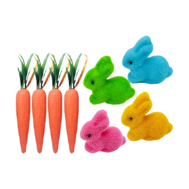 Adornos colgantes de zanahoria y conejo de Pascua - 4 zanahorias y 4 conejos con purpurina y cinta - Decoraciones de espuma para fiestas de Pascua y decoración del hogar