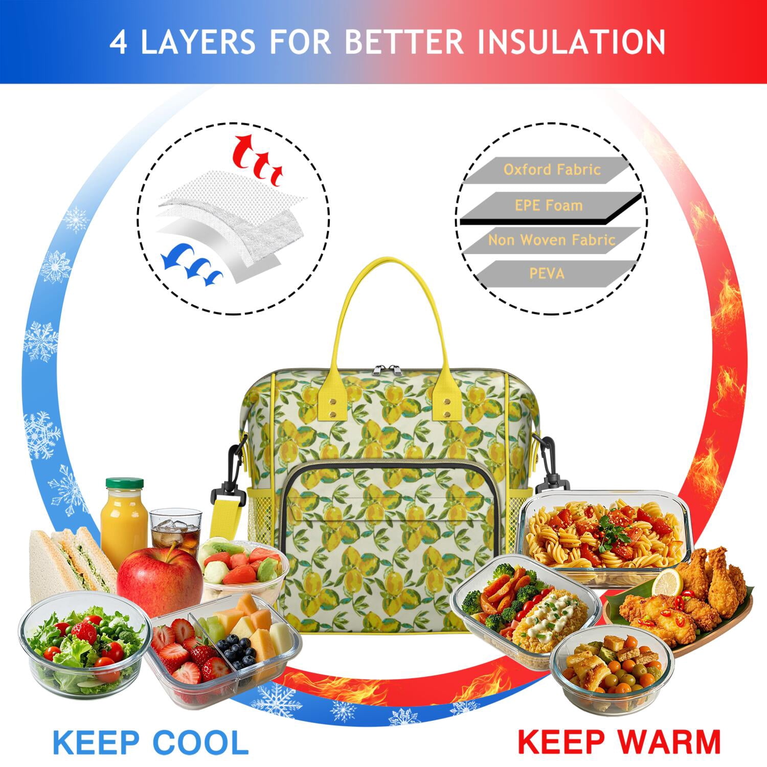 Cute Lemon Pattern Insulated Lunch Bag - Leakproof & Waterproof Food Storage Tote with Shoulder Strap for Work, School, Travel