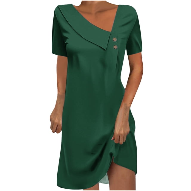 Robe Mi-Mollet à Manches Courtes et Col Rond, Mode Féminine Robe Mi-Mollet à Manches Courtes et Col Rond Couleur Unie