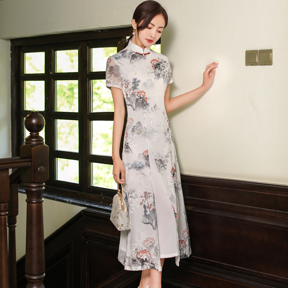 Robe Cheongsam Qipao Noir Brodée – Manches Courtes, Longueur Genoux – Style Vintage Chinois Pour Femme - 4