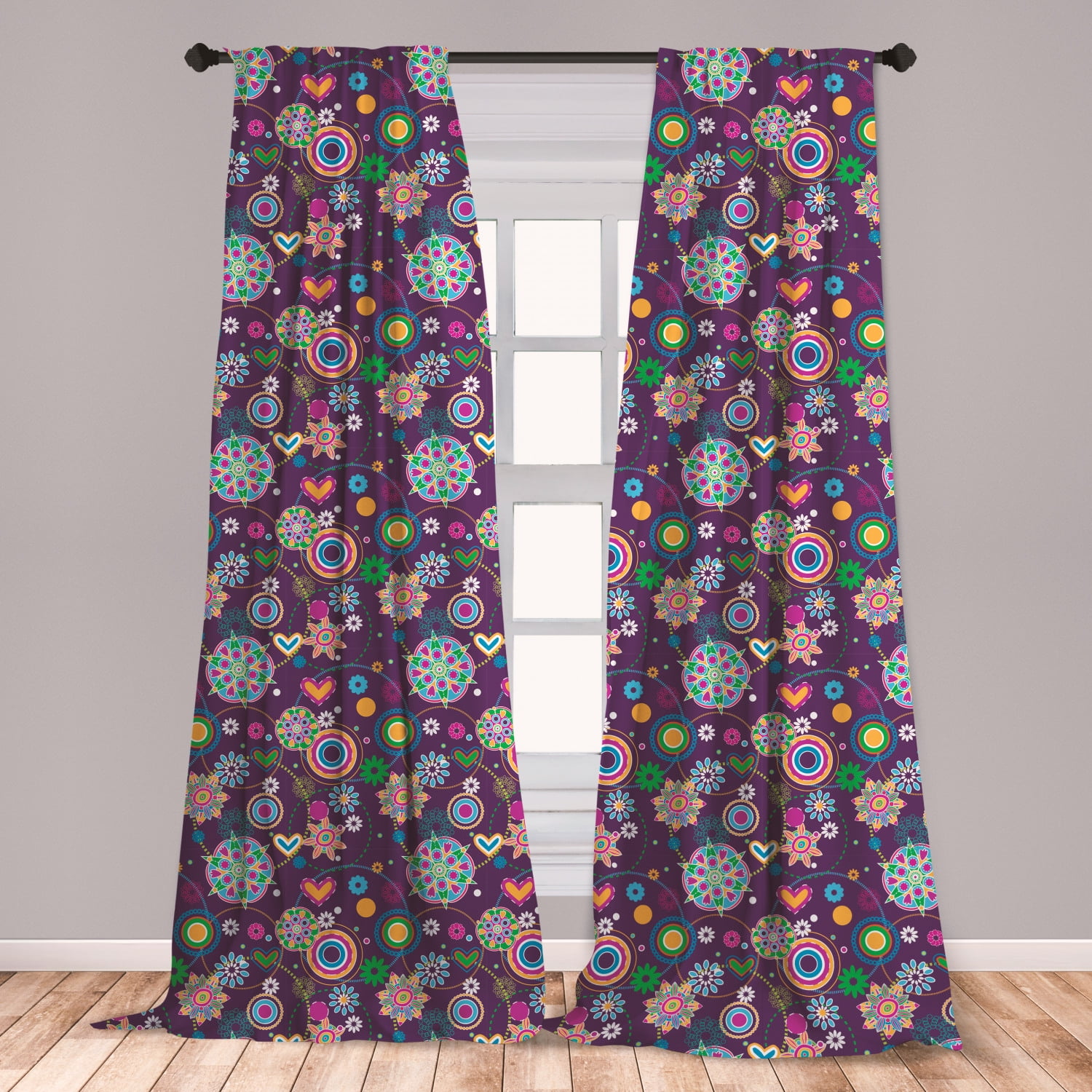 Hippie Curtains 2 Panels Set, Sixties Style Illustration with Peace and