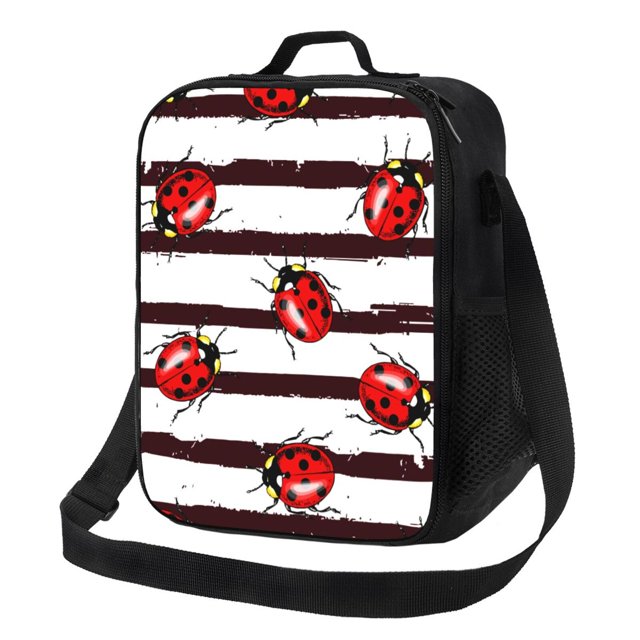 Xecao Ladybugs on Black and White Striped1 for Insulated Lunch Bag for Work School Travel with Adjustable Strap and Zipper Closure Lightweight Thermal Bento Tote