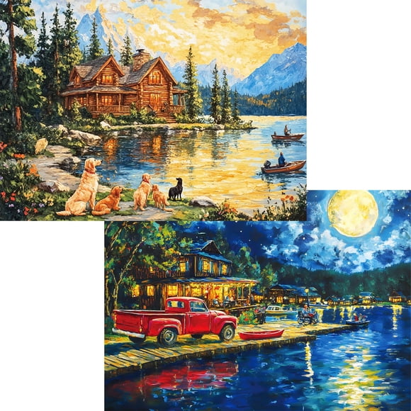 Rompecabezas Pixlora, 1000 piezas, paquete de 2 unidades, Lake Cabin Moonlight