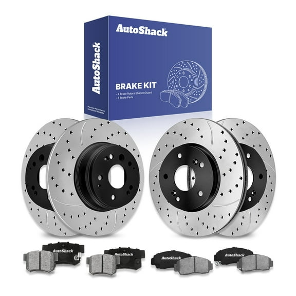 AutoShack Front Vented & Rear Solid Drilled & Slotted E-Coated Brake Rotors   Ceramic Pads 12-PC Brake Kit Replacement for 2004-2008 Acura TL ShadowGuard