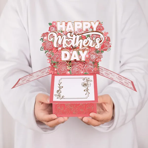 Red 3D Pop-Up Mother’s Day Card, Best Mom Ever Handmade Flower Greeting Card with Envelope & Notecard for Mom