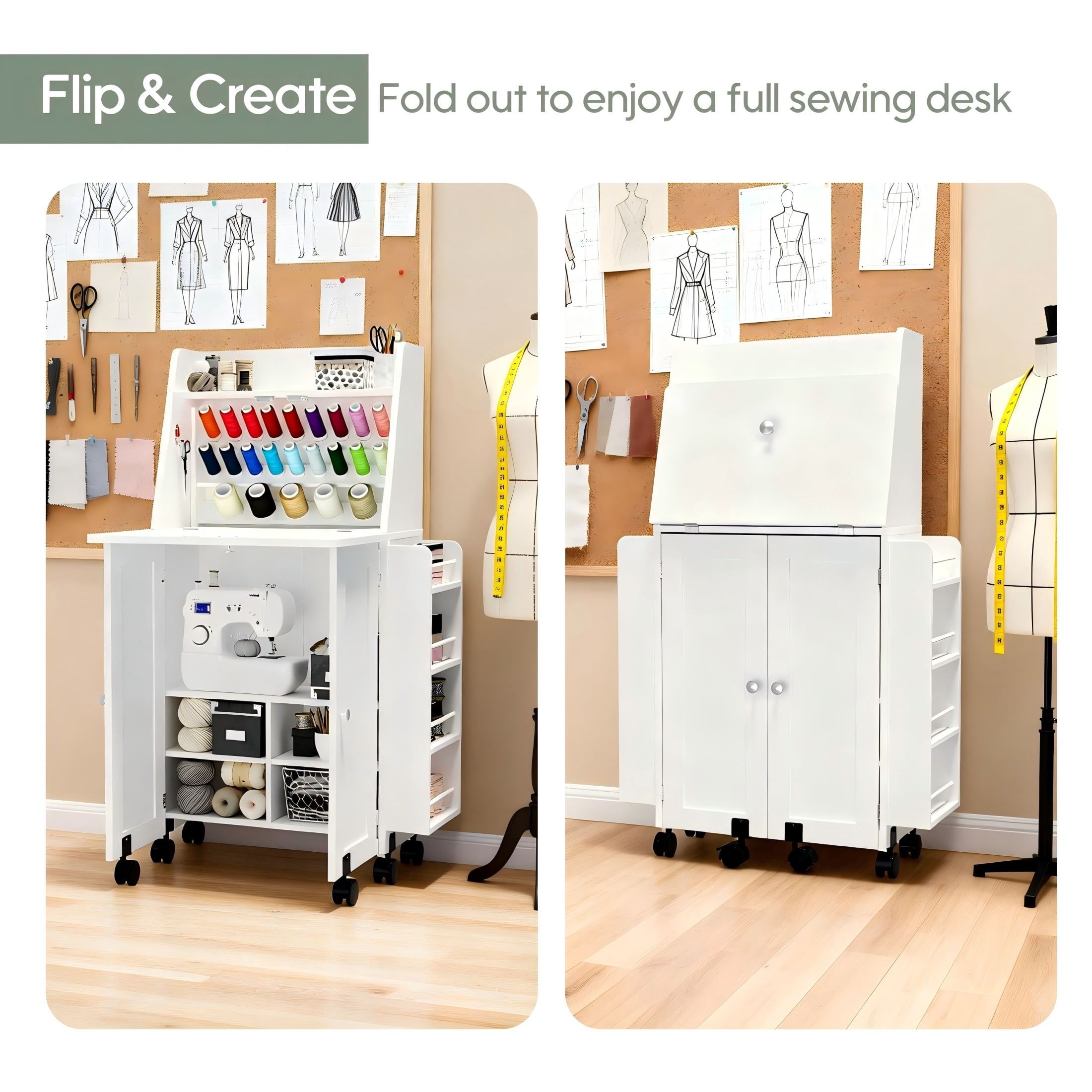 WARAYZ  Sewing Table & Storage Cabinet, Built-in Power Outlets, Spool Racks, Mobile Craft Desk with Lockable Wheels for Small Spaces, White