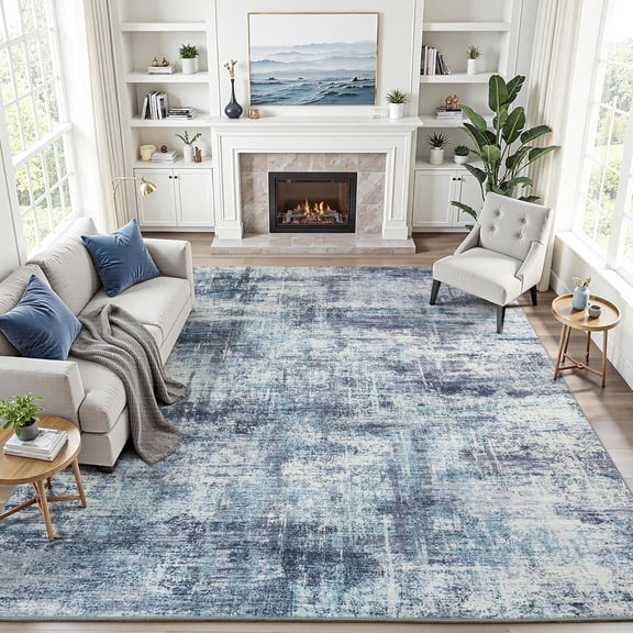 8x10 Area Rug for Living Room, Blue Abstract Large Rugs with Non-Slip Backing, Neutral Modern Washable Carpet for Bedroom Dining Room Home Office Nursery Indoor