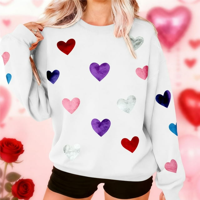 TaTaai Women's Oversized Crew Neck Heart Print Long-Sleeve Sweatshirt, Valentine's Day Thanksgiving Gift, Casual Fall Winter Spring Top Gift