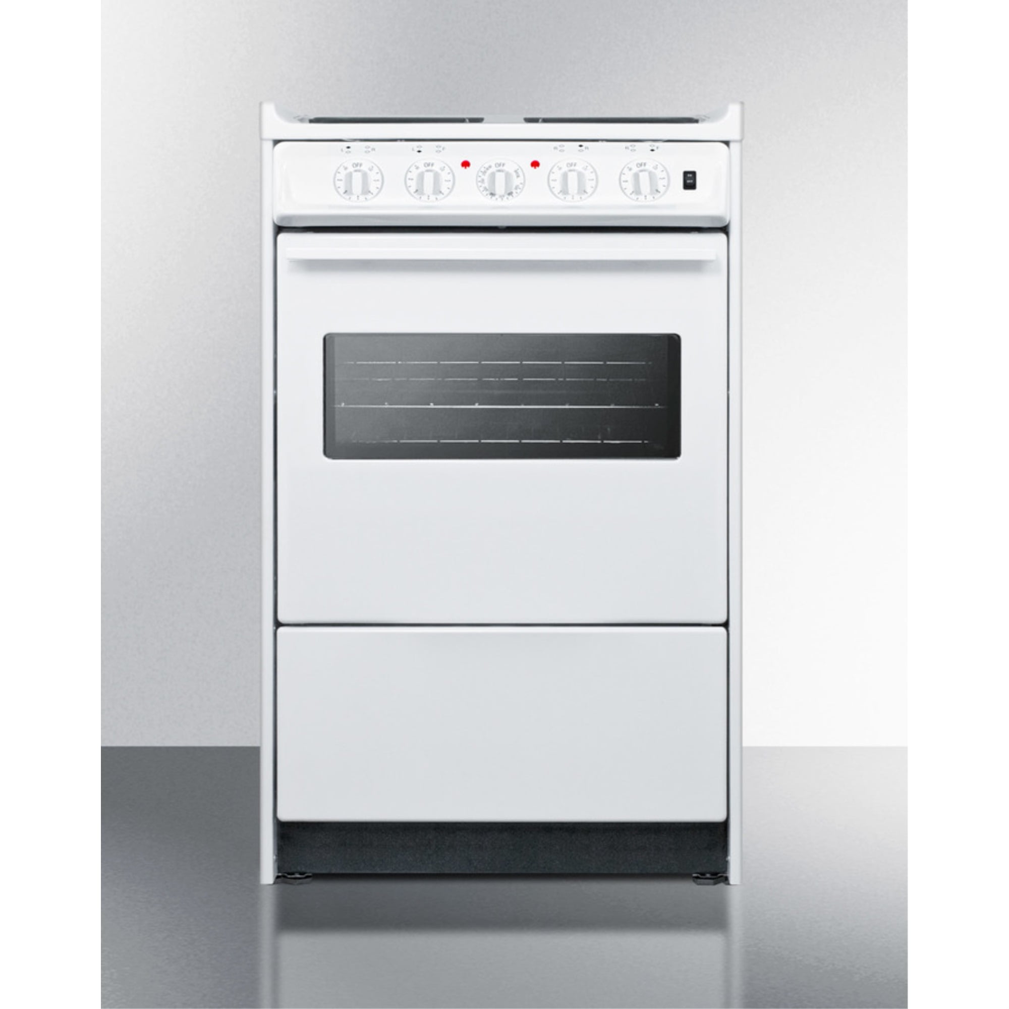 20" wide slide-in style electric coil top range in white with oven window