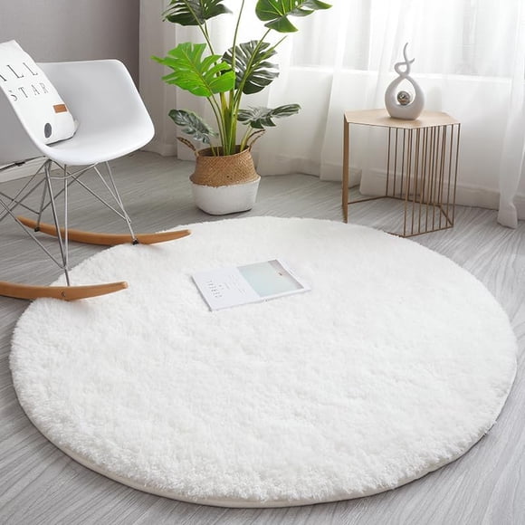 Calore Fluffy Round Area Rug for Living Room, Round Rugs for Kids Room Baby Nursery, Christmas Carpet for Dorm Teen's Room-Home Decor Shaggy Plush Throw Rug (White, 100cm(3.2'))