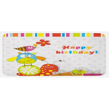 Birthday Kitchen Mat, Patchwork Like Design with Owls Birds and Bugs Present Boxes on Polka Dots, Plush Decorative Kitchen Mat with Non Slip Backing, 47" X 19", Multicolor, by Ambesonne