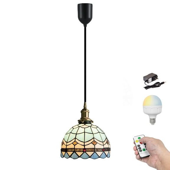 Kiven Battery Operated Pendant Light with Remote, Rechargeable Hanging Pendant Light Adjustable Height with Antiqued Glass Lampshade for Kitchen Living Room Bedroom Home Decor(1-Light)