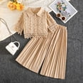thumbnail image 4 of Summer Bohemian Outfits for Girls Short Sleeve Lapel Lace Button Down Shirts High Waist Pleated Pants Sets Khaki 7-8 Years, 4 of 5