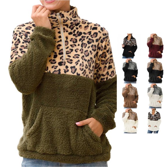 Women Color Block Leopard Print Sherpa Half Zip Pullover Hoodie Sweatshirt Top for Winter