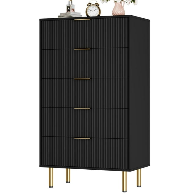 Cómoda Acanalada de 27" de Ancho con Cajones, Cómoda de 5 Cajones para Recámara, Cómoda Moderna de Madera con Tiradores de Metal para Sala de Estar, Pasillo