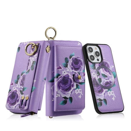 Dteck Detachable Magnetic Case for iPhone 12 Mini, RFID Blocking Multifunction Wallet for Women Zipper Long Purse with Removable Wristlet,Purple