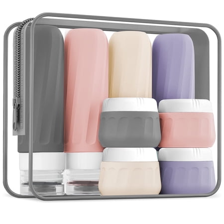 Micebay Tsa Approved Travel Bottles for Toiletries with Clear Bag 8 Pack，Leak Proof Silicone Squeezable Creams Jars