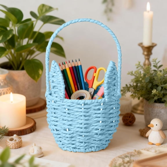 Easter Bunny Rattan Basket with Handles – Handwoven Wicker Storage for Egg Hunts, Candy, or Spring Decor – Rustic Straw Basket with Rabbit Ear Design(Blue,1Pcs, B)